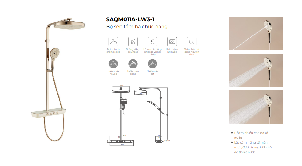 Bộ sen tắm 3 chức năng cao cấp bằng đồng chính hãng ssmm SAQM011A-LW3-1