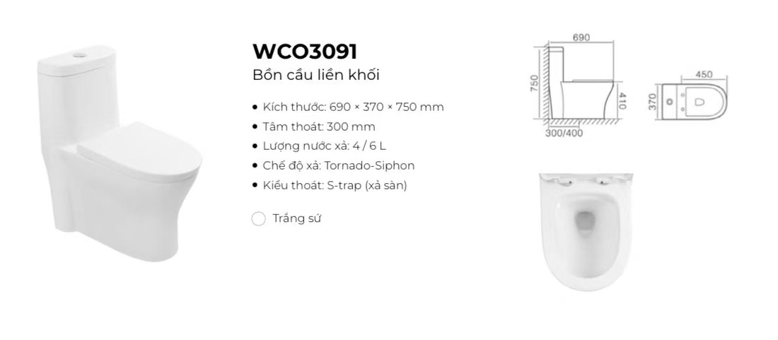 Bồn cầu liền khối chính hãng SSWW cao cấp mã hàng WCO3091